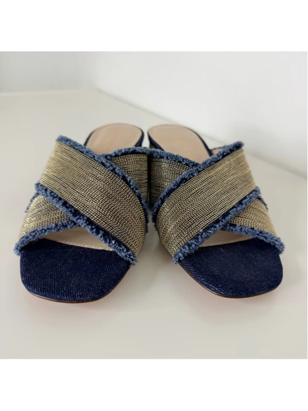 PELLE MODA Tash Chain Slide Blue Denim Block Heel Sandals Women's Size 7.5